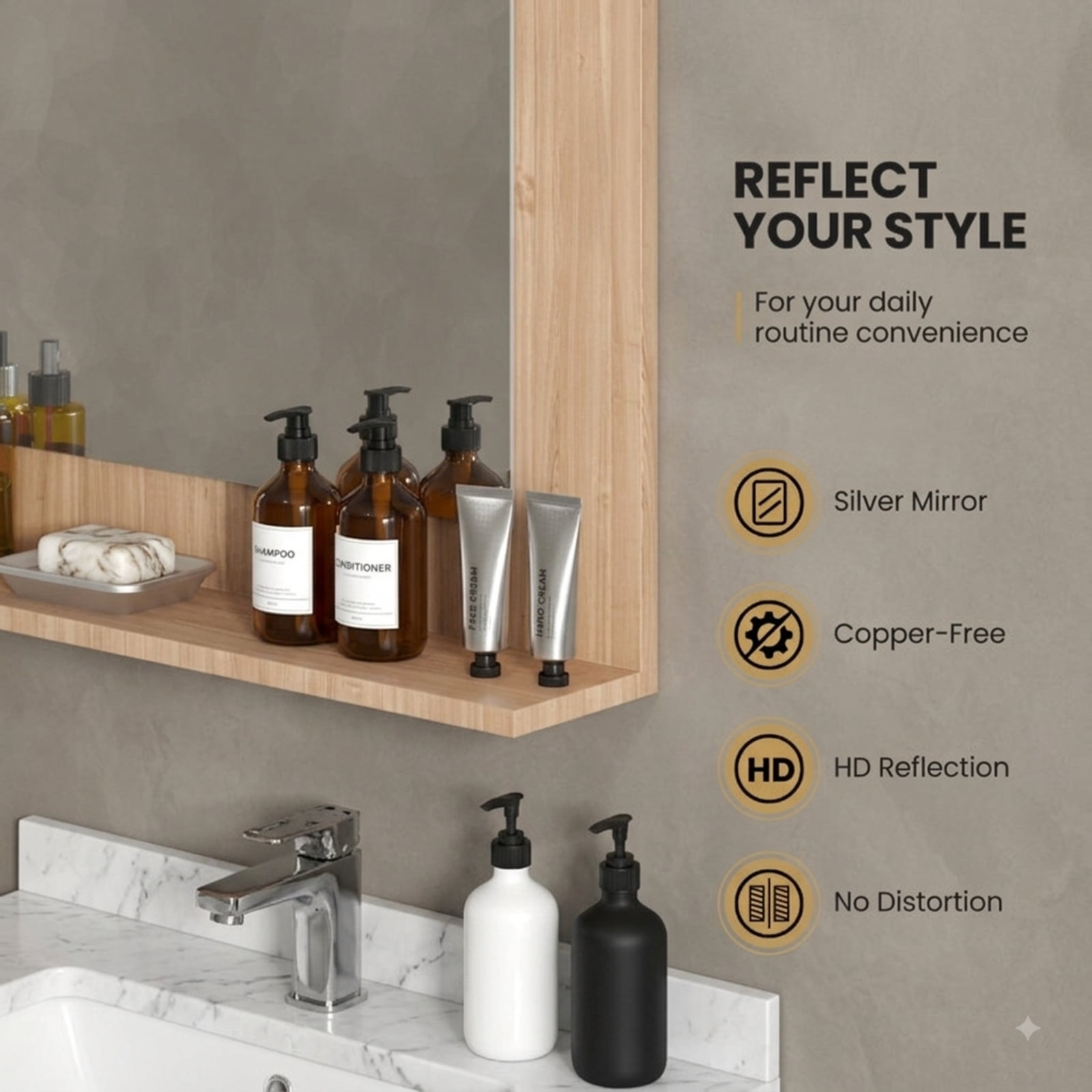 Vebreda Bathroom Wall Mirror, Rectangle Bathroom Mirror with Shelf 23.5 x 17.5 Inch and Wood Frame, Functional Design, Crystal-Clear Reflection