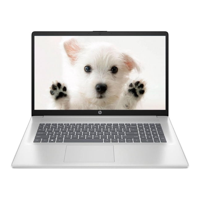 laptop hp 17-cn65 core i7-1355u 16gb 1tb ssd hd+ touch refurbished Refurbished laptop HP 17.3" en plata, vista frontal abierta con pantalla táctil HD+ 1600x900 y biseles estrechos mostrando fondo de cachorro blanco; teclado completo con teclado numérico y touchpad amplio, Intel Iris Xe, 16 GB DDR4 y 1 TB SSD; a menudo usada para multimedia y trabajo móvil.