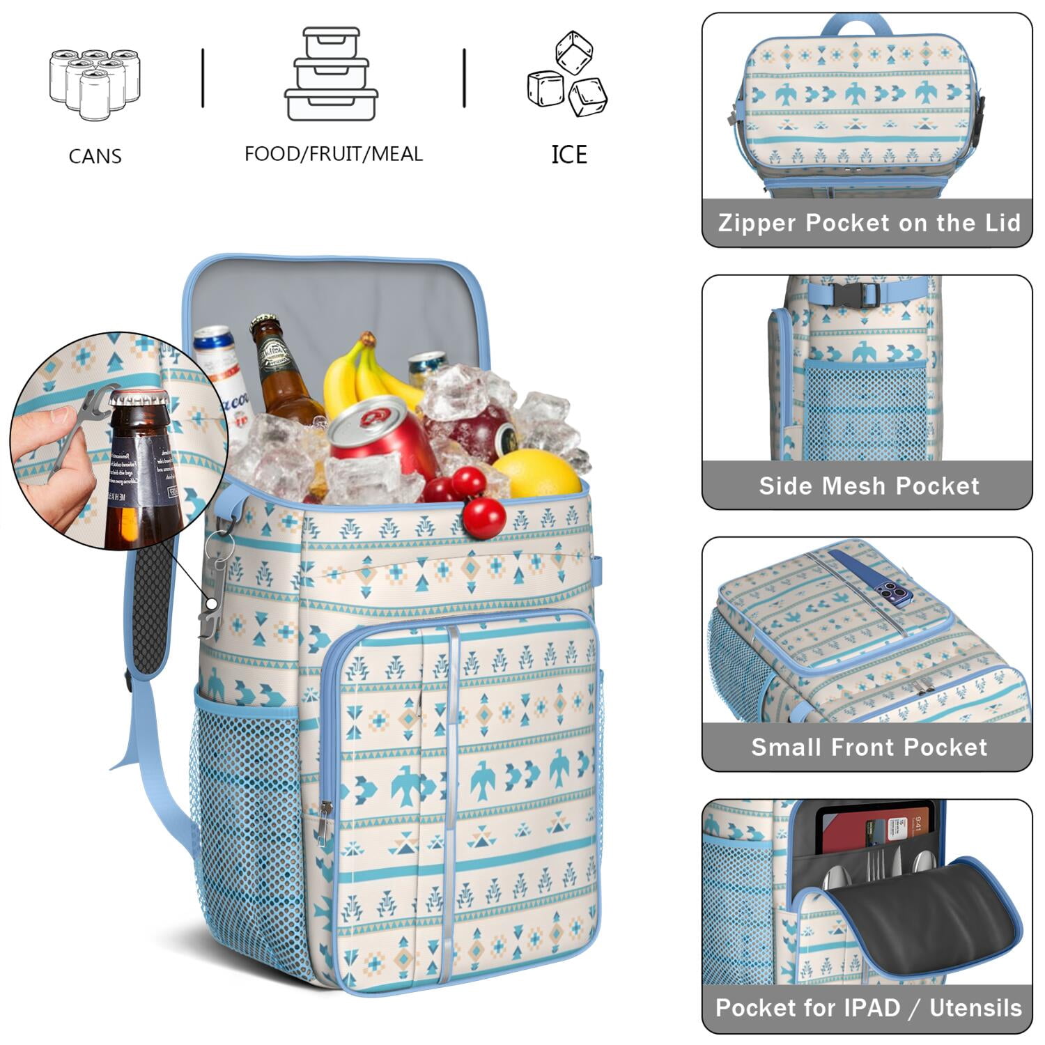 Travel Cooler Bag - Boho Bohemia Pioneer Flower Geometric Line Art Camping Beer Cooler Backpack with Bottle Opener- Waterproof Insulated Picnic Backpacks - Cooler Bag for Beach