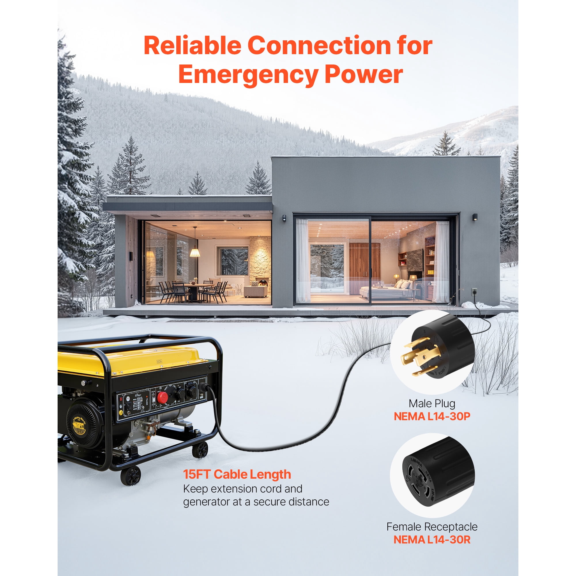 KFFKFF 30 Amp Generator Cord and Power Inlet Box, 15 FT, 125/250V NEMA L14-30P to L14-30R Heavy-Duty Extension Cord, SJTW 10 Gauge 7500W, Pre-Drilled Inlet Box, for Connecting Generator to Home