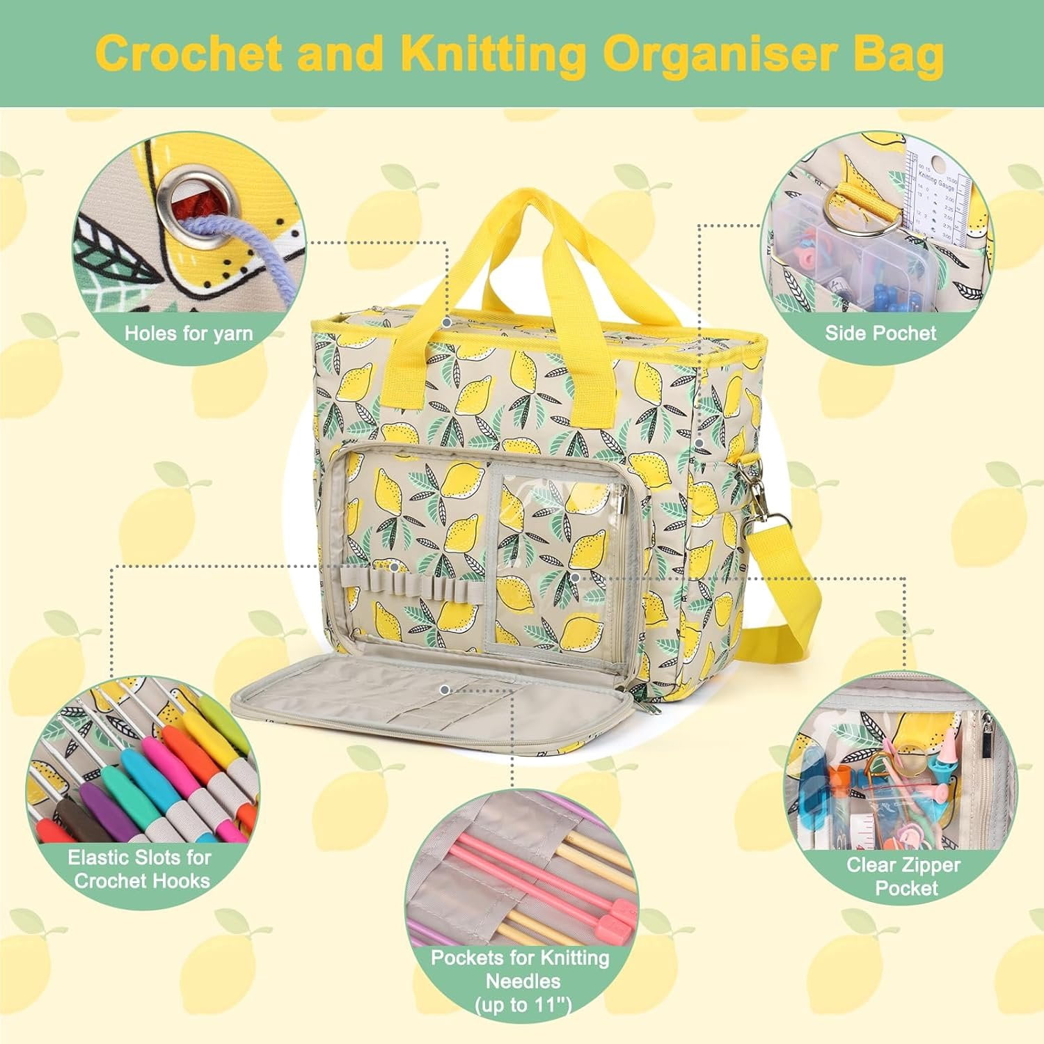 Yarn Storage Organizer Travel Crochet Bag, Large Capacity Tote Bag Knitting Bag for Carrying Projects, Knitting , Crochet Hooks and Yarn, Fruit Yellow