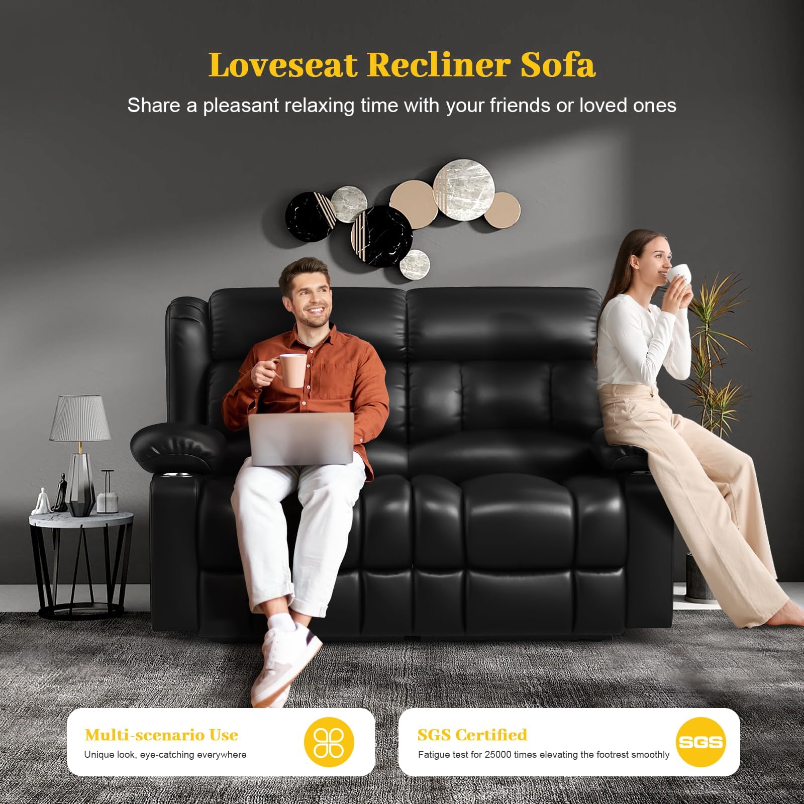 LOBERFVE Loveseat Recliner Sofa, PU Leather Reclining Loveseat with USB Charge Ports, Cup Holders, 2 Seater Manual Pull Tab Recliner Sofa Couches for Living Room, Black
