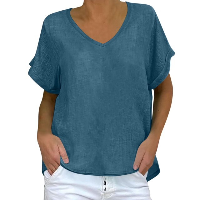 Dvprdro Hauts d'Été en Imitation Coton et Lin pour Femmes T-Shirt à Manches Courtes Col en V Décontracté