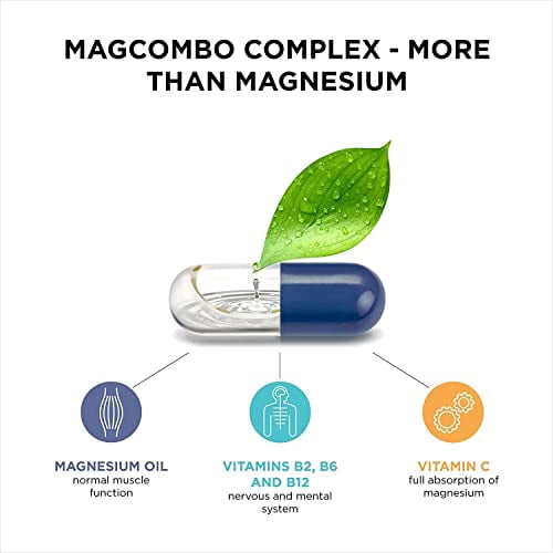 MagCombo - Concentrated Pure Magnesium, Special Oil Formula with Maximum Absorption for Leg Cramps, Tensed Muscles, Sleep, enriched with Vitamins В2, В6, В12 and С, only 1 Capsule Daily. (Pack of 1)