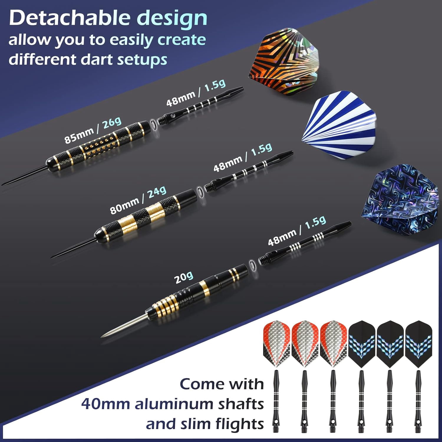 LANNEY Darts Metal Tip Set, Steel Tip Darts Set 20 Grams 24 Grams and 26 Grams Professional Darts for Dartboard with Aluminum Shafts, Brass Barrels, Extra Flights, Sharpener Tool Kit, Carrying Case