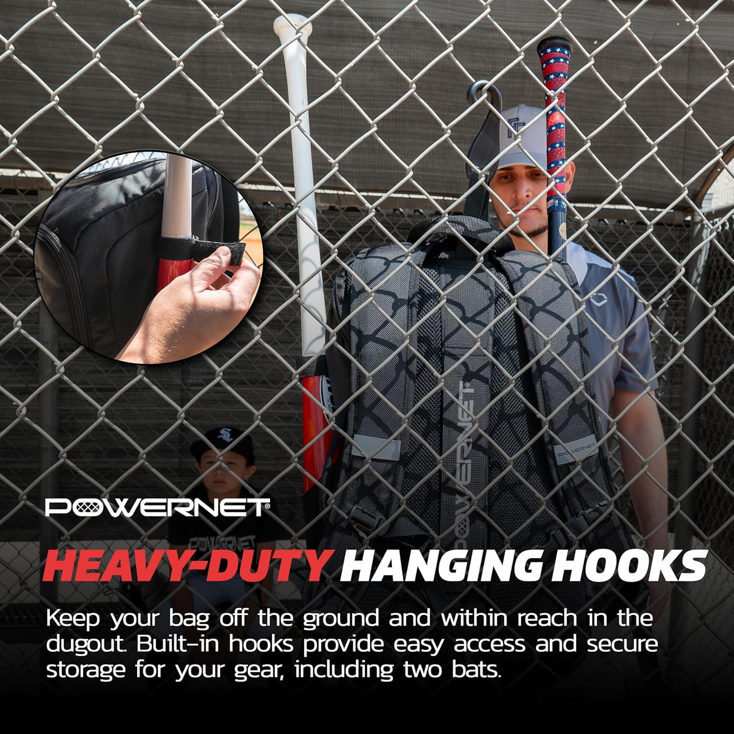 PowerNet Coach's Baseball Backpack, Softball & Baseball Bag for Coaching Gear with Laptop Sleeve and Zippered Pockets, Coach Bat Bag with Chain-Link Fence Hook and Luggage Strap