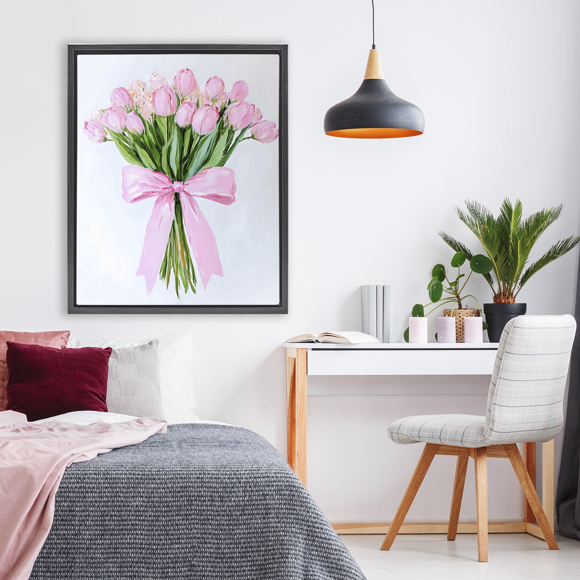 Stupell Industries Soft Pink Tulips with Ribbon Black Framed Floater Canvas Wall Art, design by The Prints Vibe