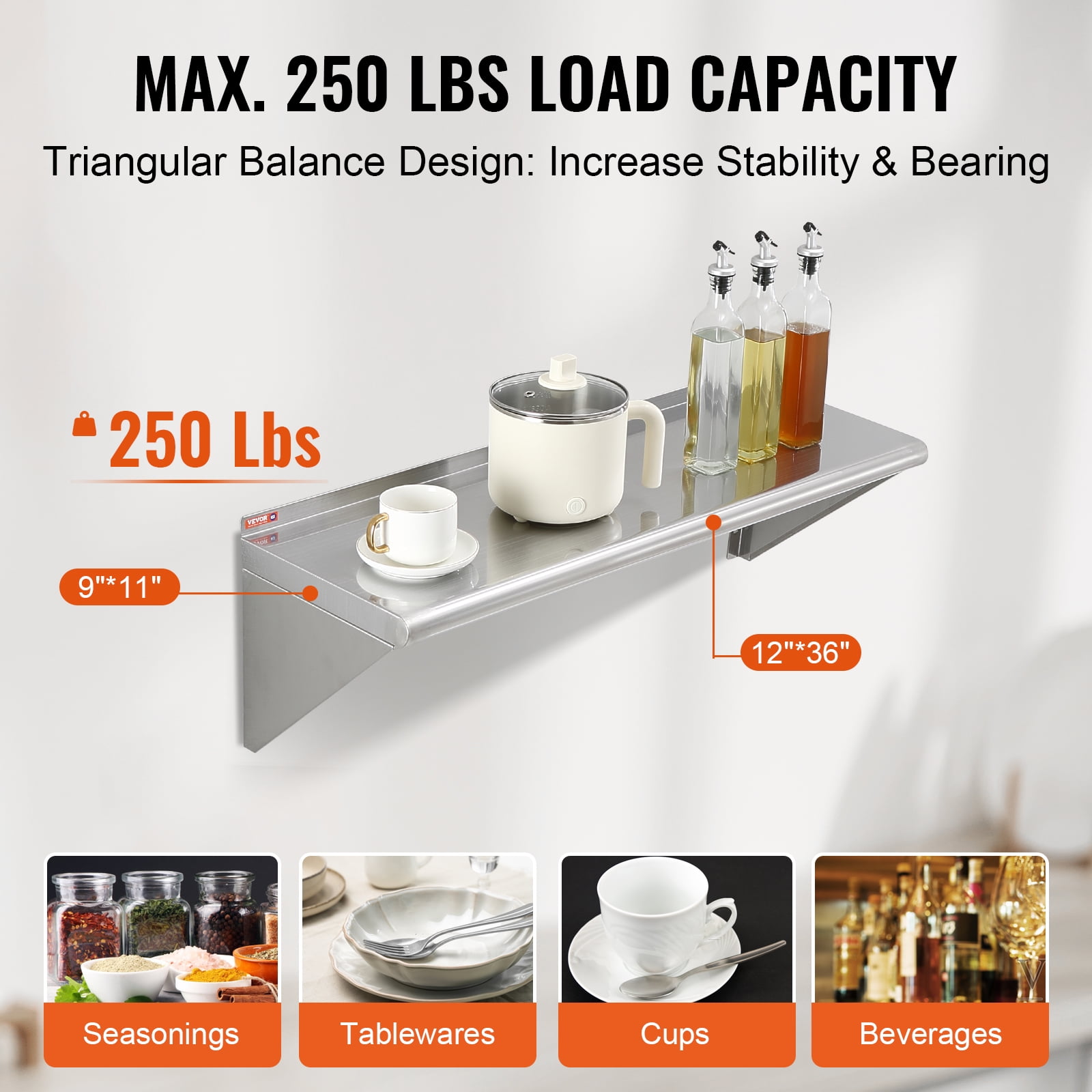 Stainless Steel Wall Mounted Shelf 12 x 36”, , Commercial Wall Shelf/Backsplash Food Service Storage Rack Shelving for Restaurant, Kitchen and Hotel