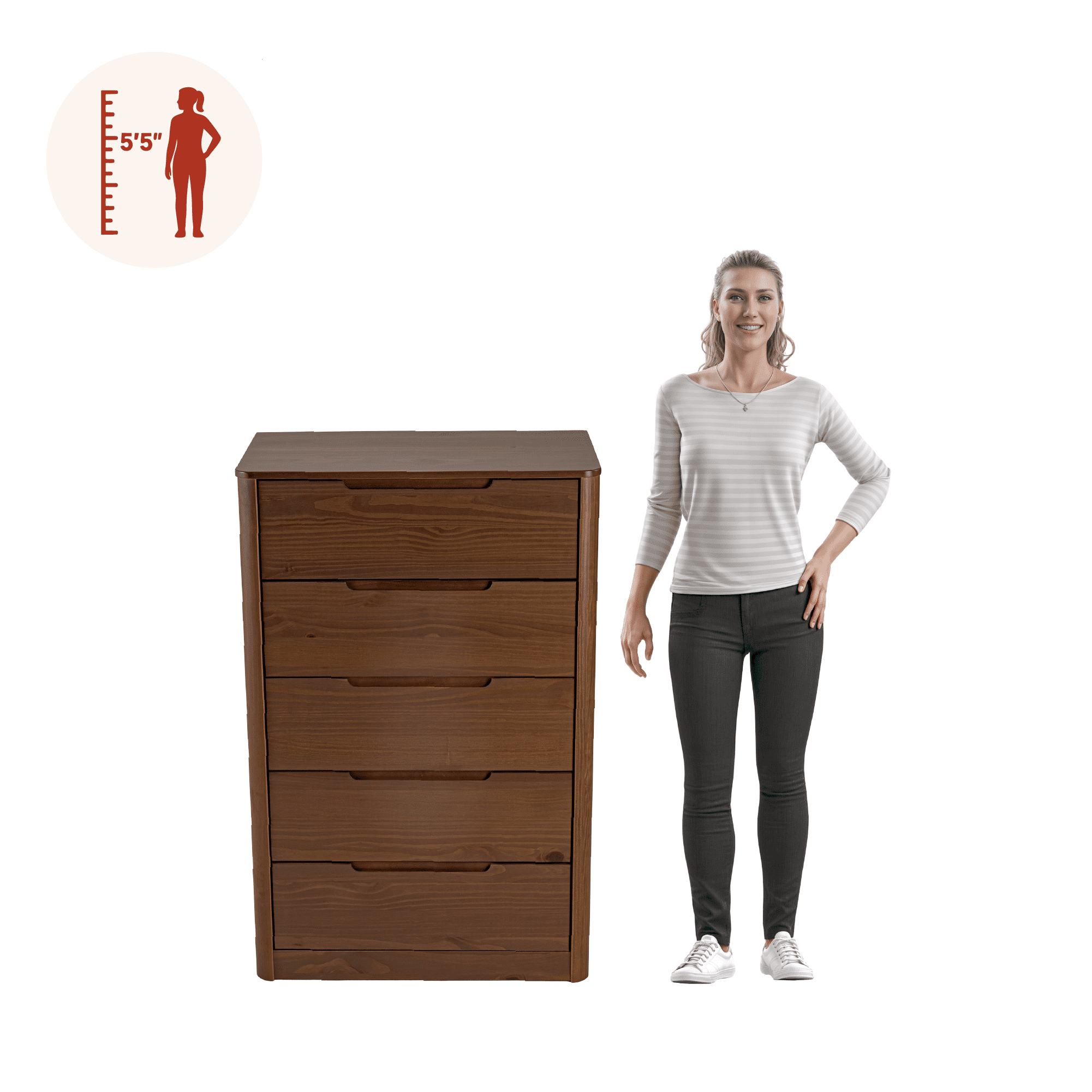 Monticello Solid Wood 5 Drawers Chest Brown - for Adults and Teens