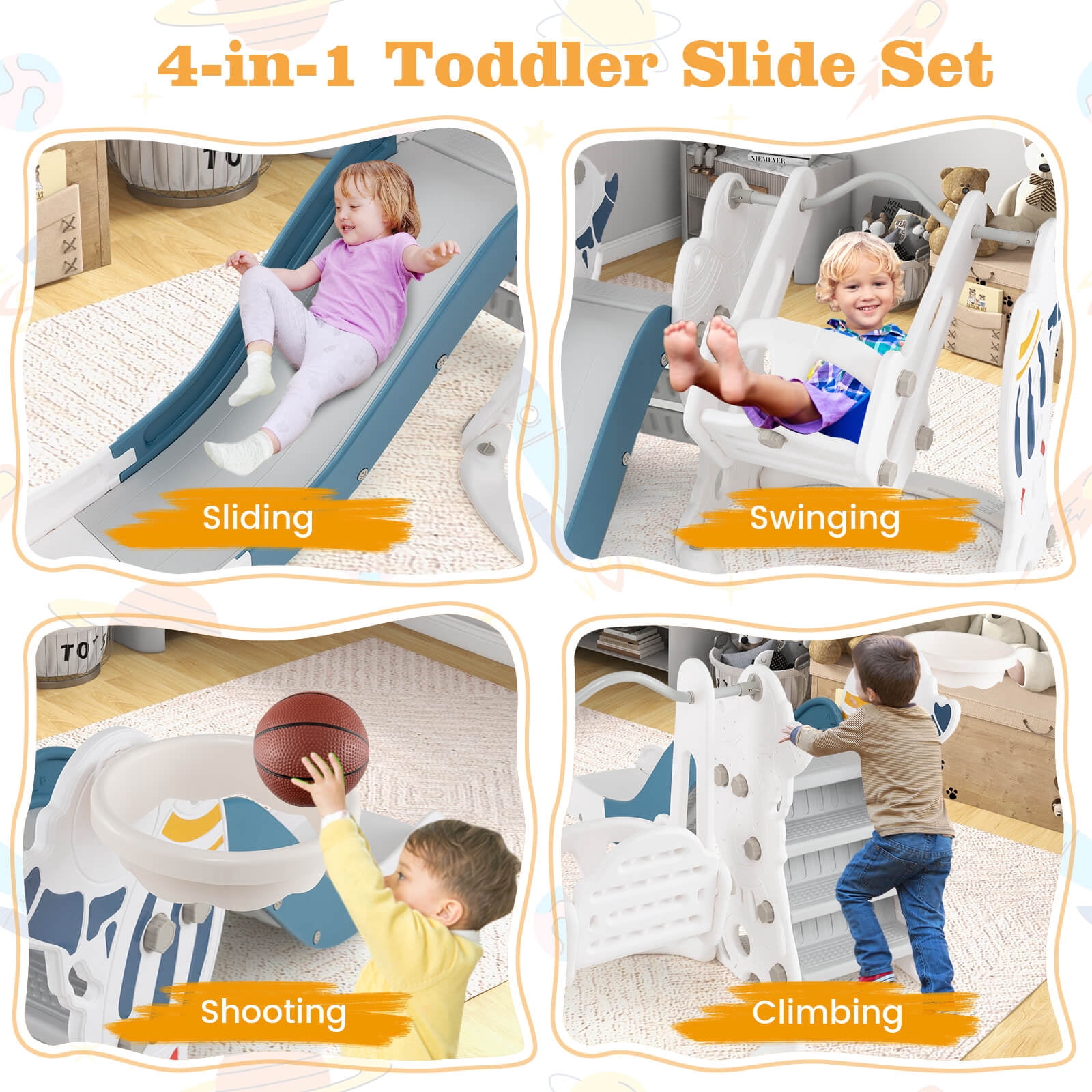 Infans Toddler Slide and Swing Set 4-in-1 Indoor Playground with Extended Slide & Swing