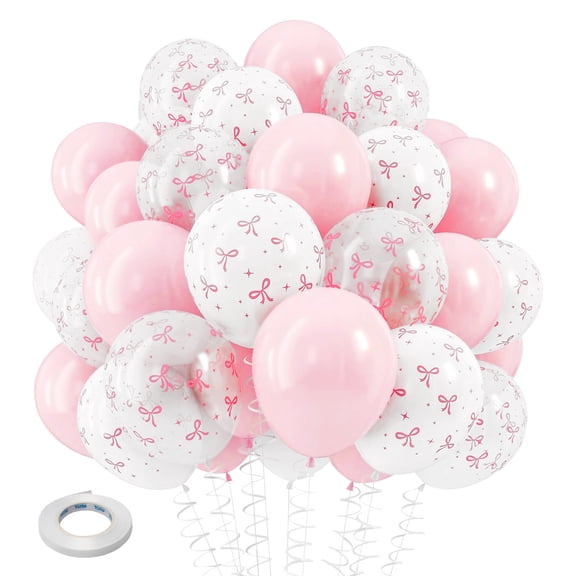 35 Pcs 12" Pink Bow Balloons Set, Pink Transparent White Bow Print Latex Balloons, Coquette Party Decorations for Baby Shower Bridal Birthday Wedding Anniversary Princess Theme Party