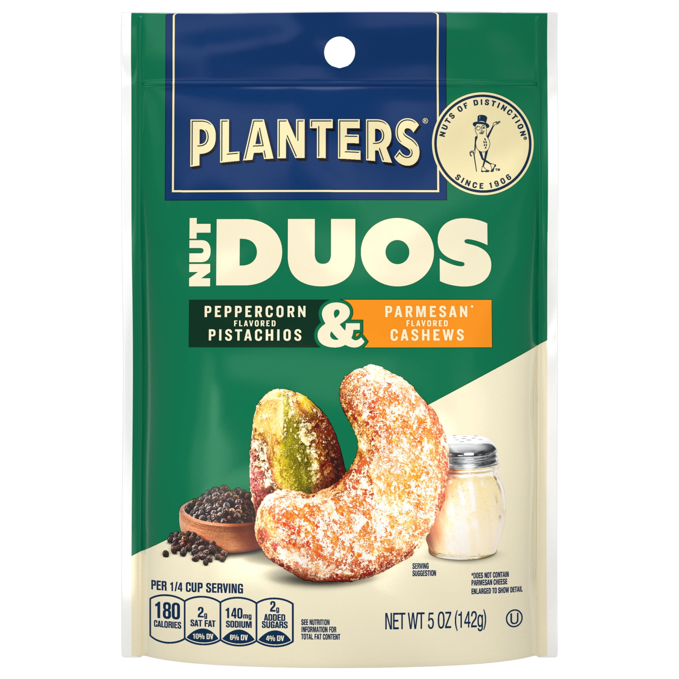 (6 pack) PLANTERS Nut Duos Peppercorn Pistachio and Parmesan Flavored Cashew, 5 oz Resealable Bag