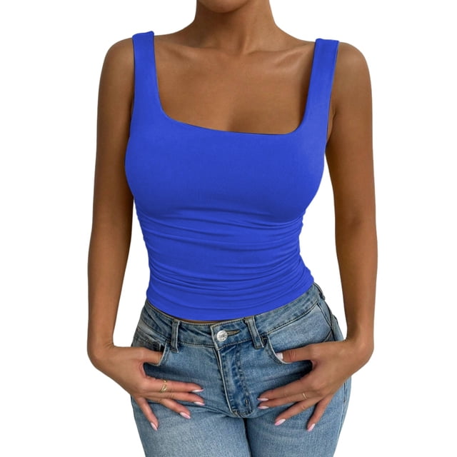 Women'S Summer Sleeveless Square Neck Tank Top Ruched Slim Fit Basic Vest Tops Royal Blue S