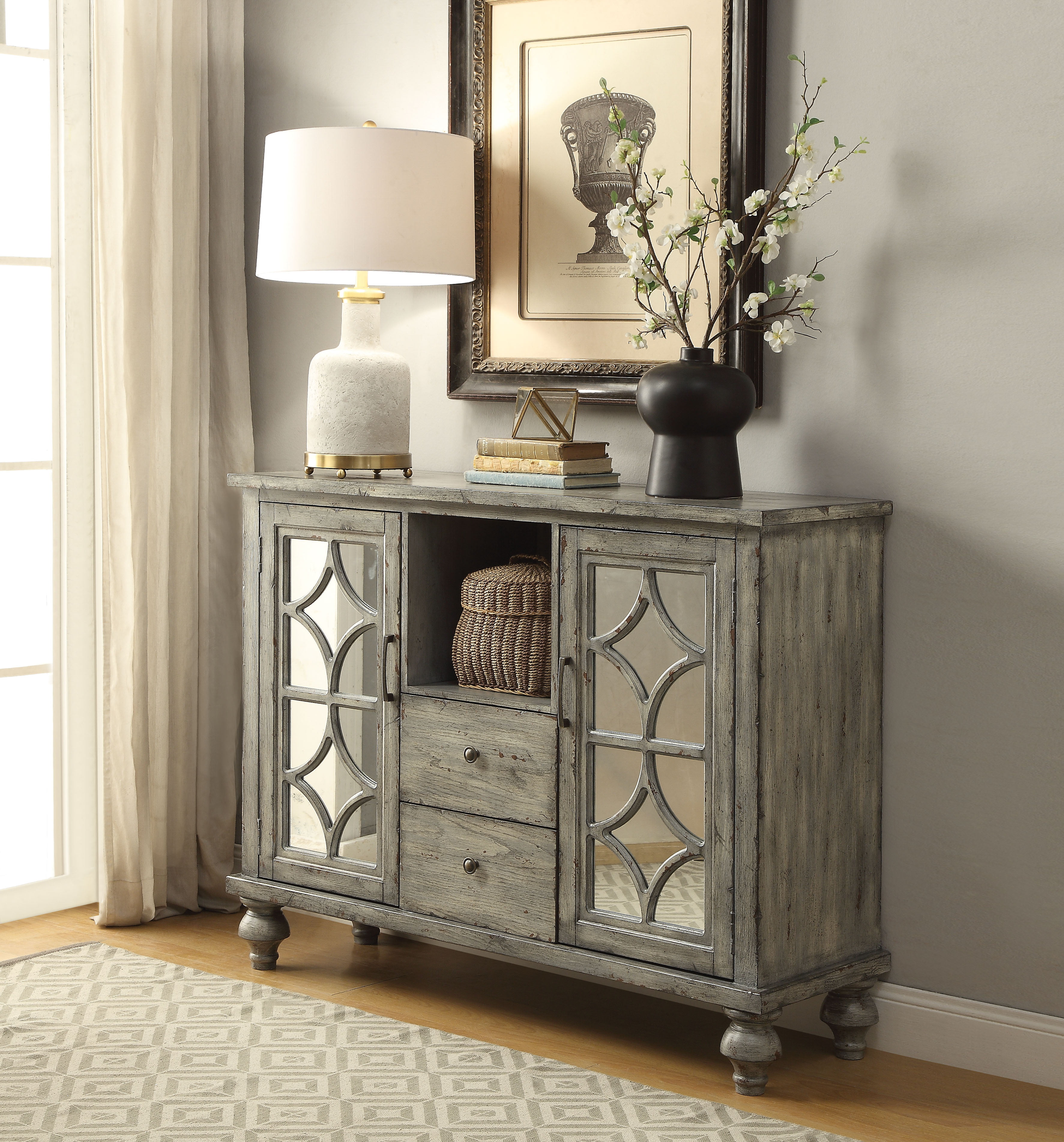 Velika Console Table With 2 Doors and 2 Drawers, Weathered Gray