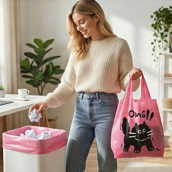50 pcsPink Cat Trash Bags with Handles, 1 set Leak Proof Drawstring Garbage Bags for Kitchen Home, Heavy Duty Thick Plastic Waste Bag