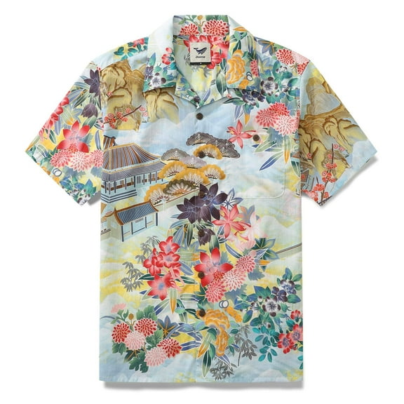 YIUME Men's Japanese Cotton Shirt 1950s Vintage Hawaiian Shirt For Men