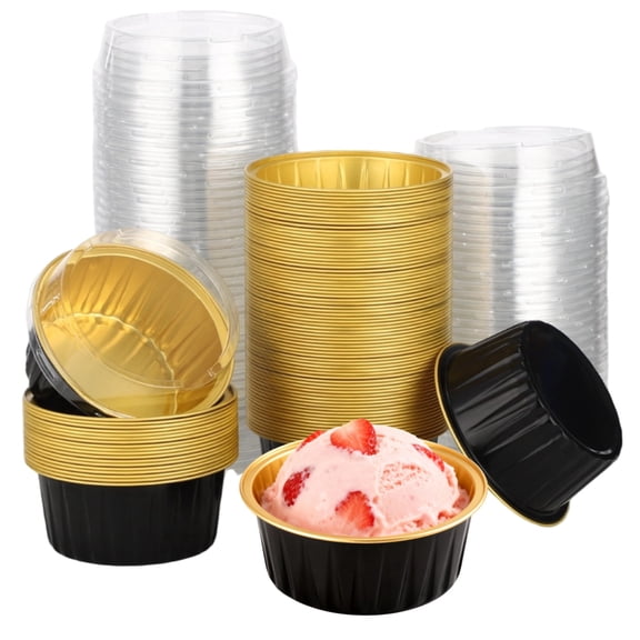 Disposable Ramekins with Lids, 100 Pcs 4.2 oz Aluminum Foil Baking Cups Containers for Cake, Dessert, Muffin, Cupcake, 3.3 x 2.1 in, Black Gold