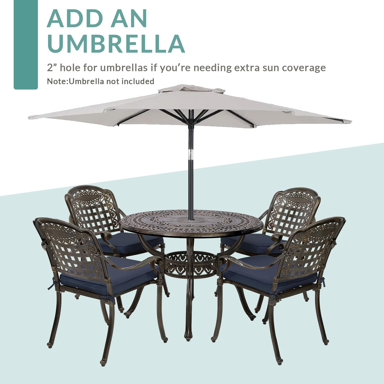 MEETWARM 5 Piece Patio Dining Set, Outdoor All-Weather Cast Aluminum Dining Table Set, Patio Furniture Set for Backyard Garden Deck, Include 4 Chairs, 4 Cushions and 1 Round Table, Navy Blue