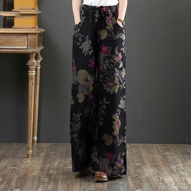ICHUANYI Clearance Women Printing Cotton Linen Ankle-Length Pants Pokets Casual Elastic Trousers Long Pants(Black, XXL) ICHUANYI WER2023080805665