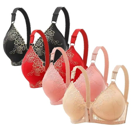 Gnurob Front Closure Lace Bras for Women 4 PC Wirfree Seamless Bralettes Buckle Bralette Back Smoothing Bra Comfort Breathable Brassiere Everyday Wear Clearance Saving Black XX-Large