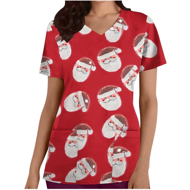 Tops Cortos para las Mujeres Impreso Bolsillo V-Cuello Enfermera Estilo Blusa, Casual Y Cómodo Manga Corta Superior