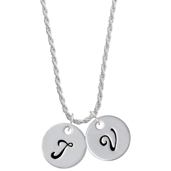 Delight Jewelry Silvertone Large Script Letter - T - 3/4'' Disc - Silvertone Script Initial Disc - V - Charm Necklace, 20"+3"