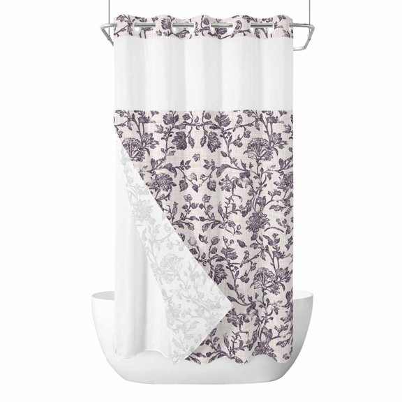 Farmhouse Purple No Hook Shower Curtain Waterproof, Bathroom Curtains with Snap in Liners and See Through Top Window, Vintage Flower Leaf Botanical Plant Hotel Style Bathtub Curtains Shower 36"Wx72"L