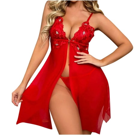 

JINMGG Womens Plus Size Clearance $5 Women Exquisite Mesh Embroidery Lingerie Nightdress+Briefs Babydoll Cut-Out Sleepdress Red M