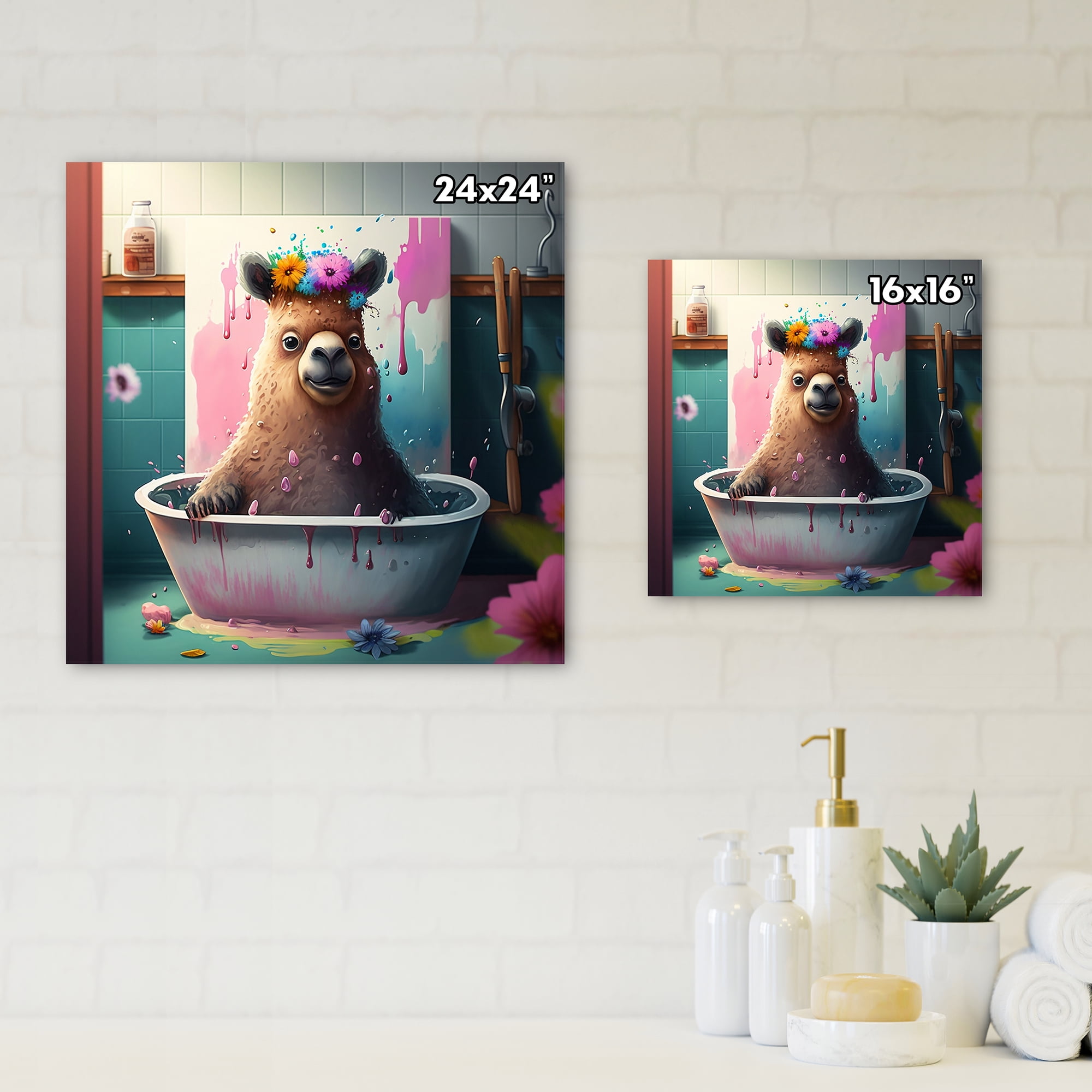 Designart Llama Making A Mess In The Tub I Canvas Wall Art