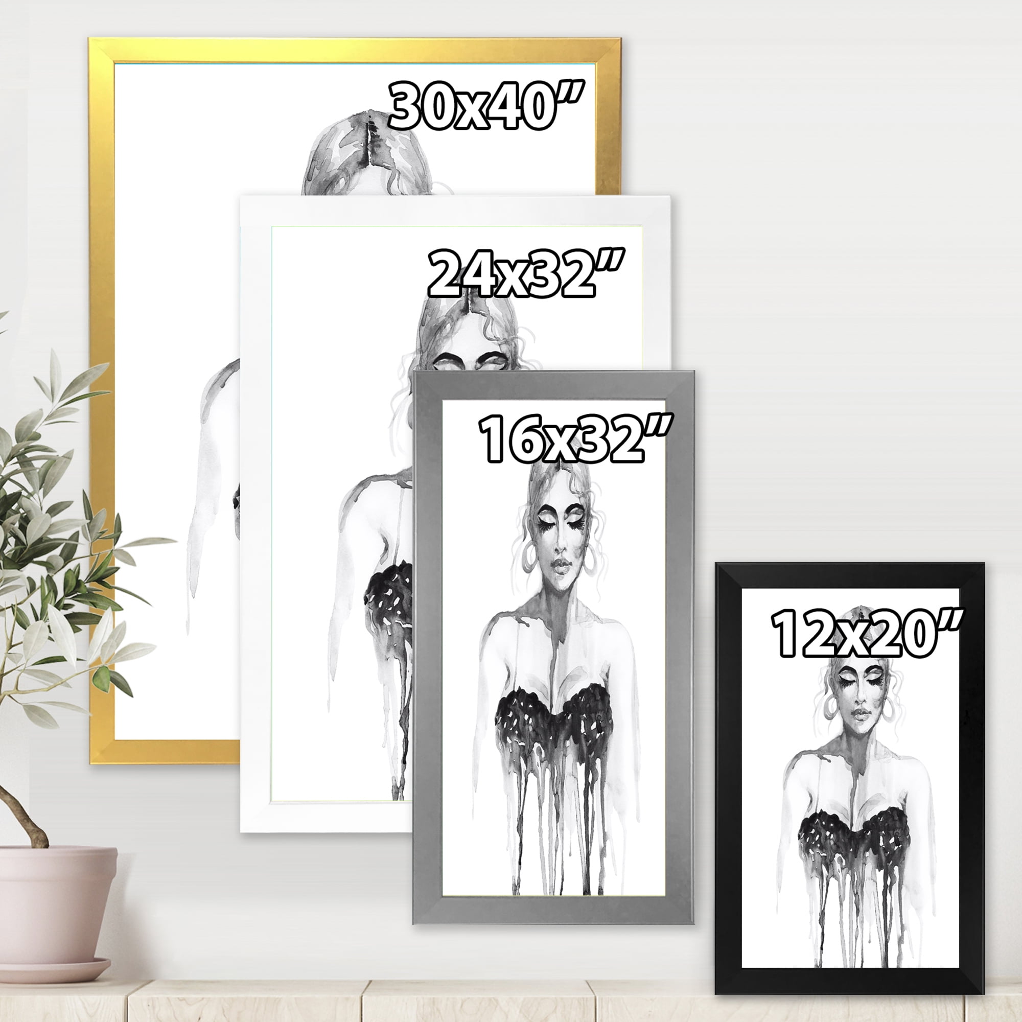 Black and White Portrait of Woman Wearing Evening Dress 30 in x 40 in Framed Painting Canvas Art Print, by Designart