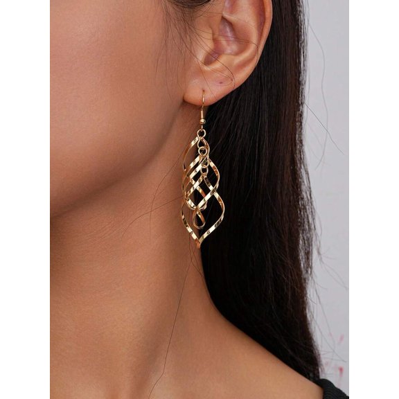 Dangle Earrings with Spiral Twist & Floral Wire Design, Gold, 1 Pair