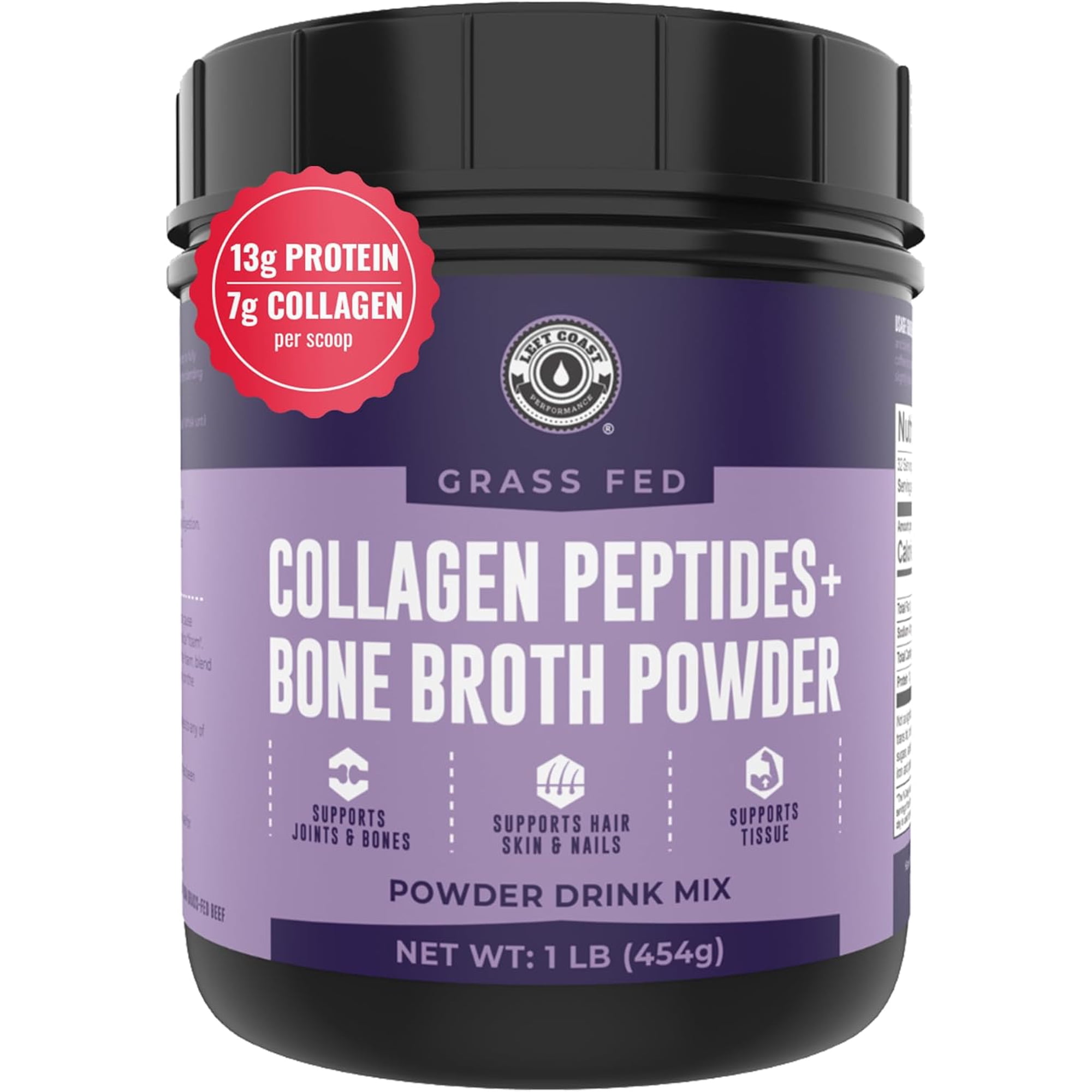 Left Coast Performance Collagen Peptides Bone Broth Powder for Skin & Joint Health Support, Unflavored, 16 oz