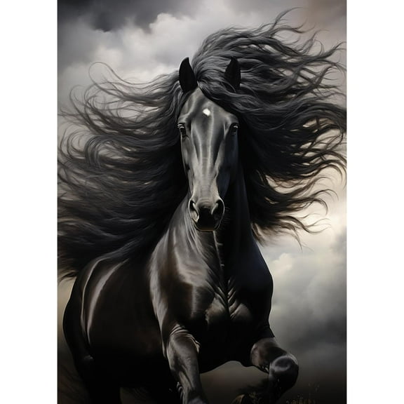 Galloping Black Horse 5D Diamond Art DIY Paint with Full Drill Round Diamond Gems Painting by Number Kits for Adults Art Craft Home Wall Decor 15.8x19.8in