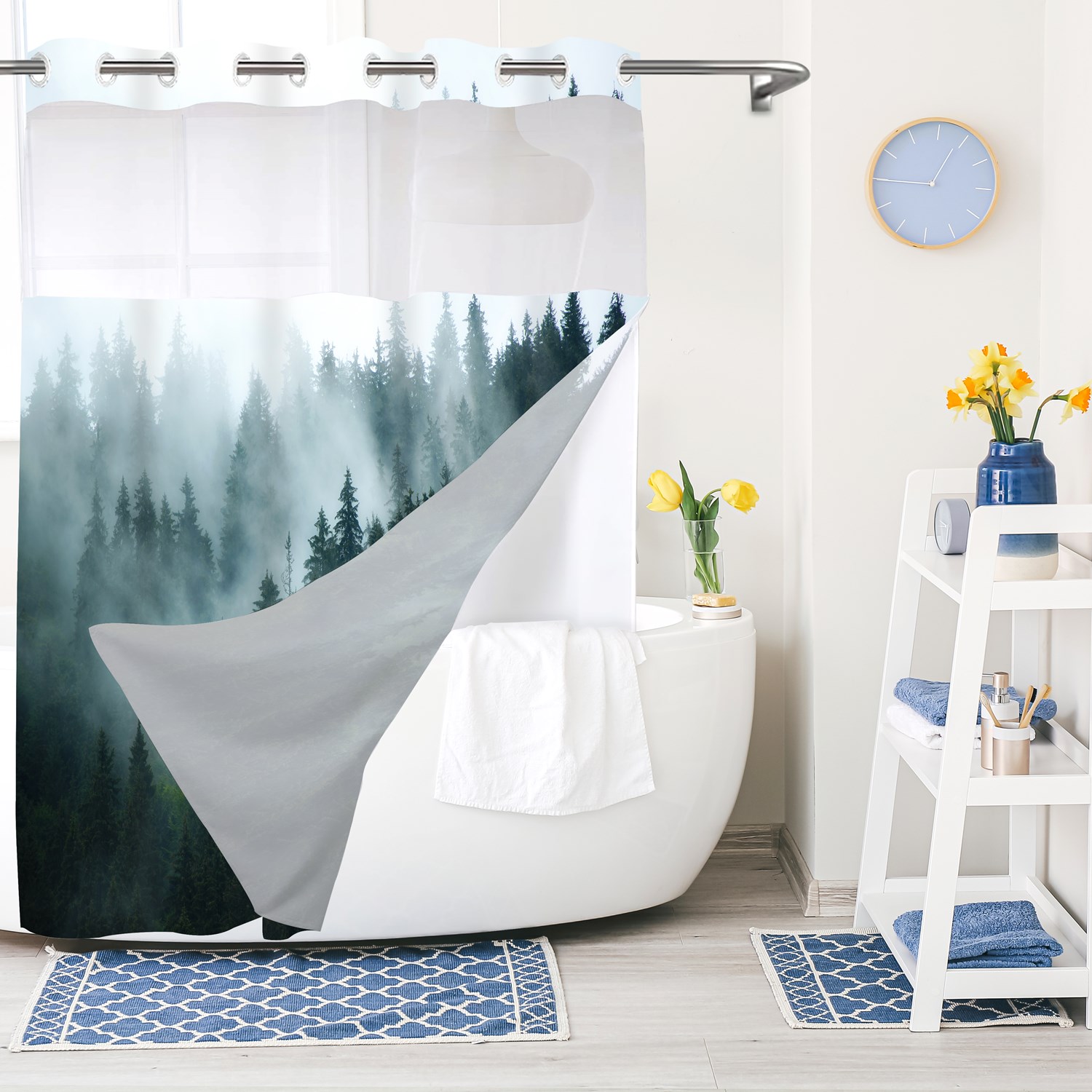 Goodbath No Hook Shower Curtain with Snap in Liner,Nature Landscapes Misty Forest Trees Fabrci Shower Curtains, Double Layer, Mesh Top Window,71 x74 inches,Green