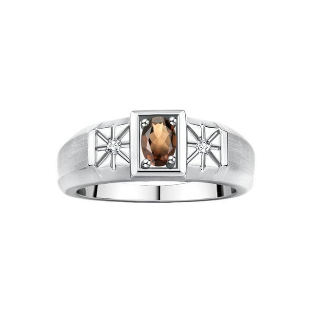 RYLOS Men's Rings Sterling Silver Classic 6X4MM Oval Gemstone & Diamond Ring Smoky Quartz June Birthstone Rings For Men, Silver Rings, Size 9