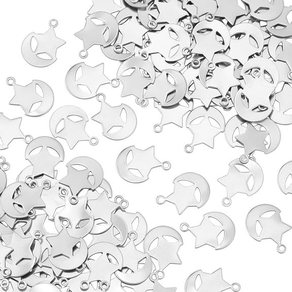 1Box about 120pcs Moon with Star Charms Stainless Steel Charms Hollow Metal Pendant for DIY Jewelry Making Stainless Steel Color12x9x0.5mm