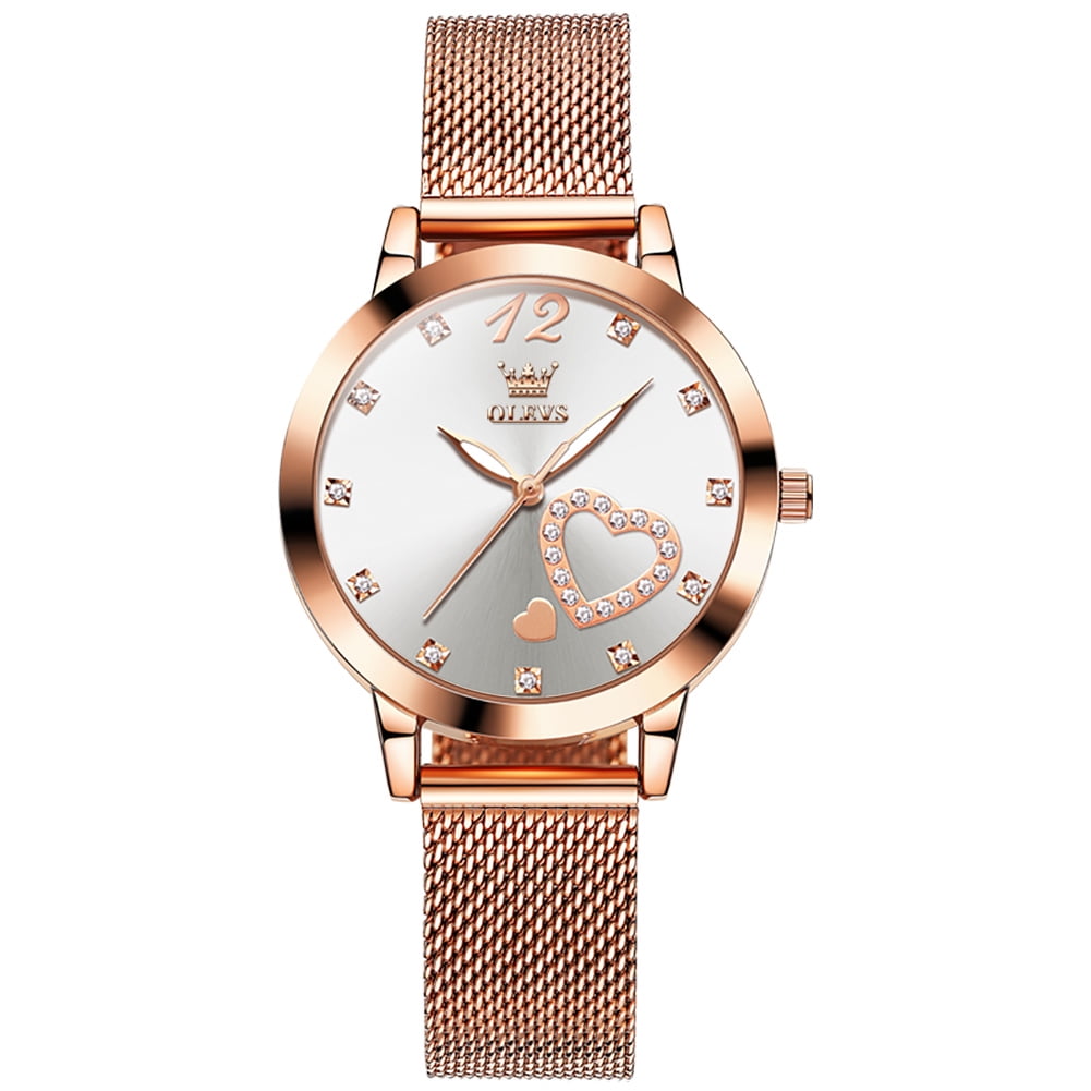 OLEVS Watches for Women Casual Dress Luxury Analog Quartz Mesh Strap Hearts Easy Read Waterproof Luminous Fashion Ladies Wrist Watches Gifts Relojes para Mujer White/Black