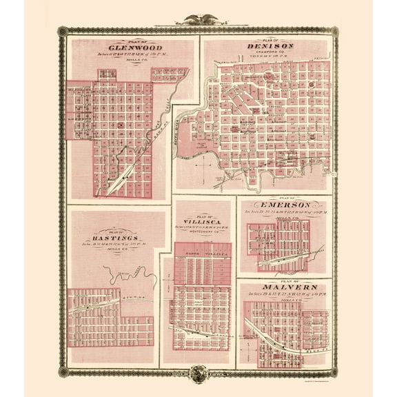 Historic City Map - Glenwood Denison Hastings Iowa - Andreas 1874 - Vintage Wall Art