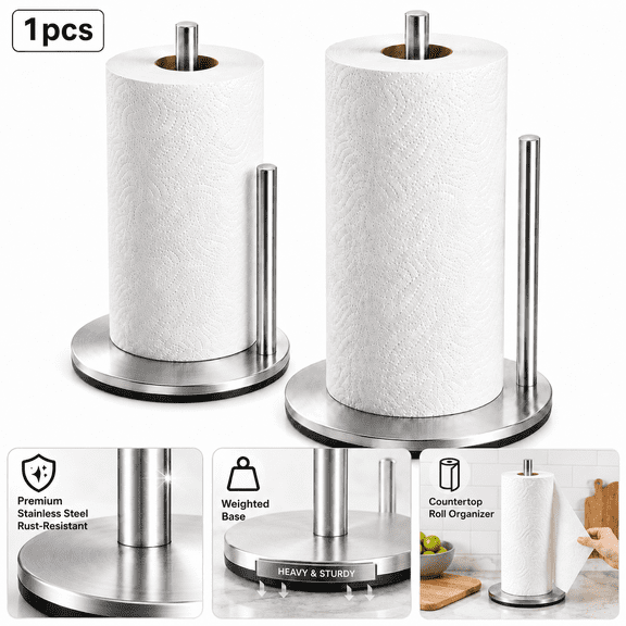 Genreen Paper Towel Holder Silver, Premium Stainless Steel Kitchen Roll Dispenser, Countertop Roll Organizer with Weighted Base