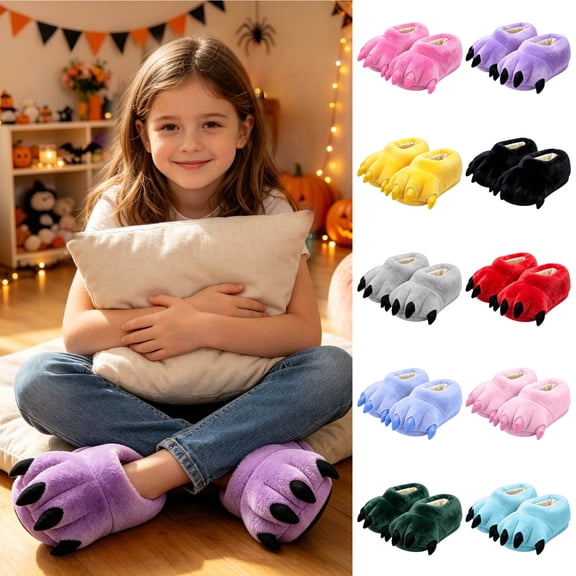 Xaqiouau Kids Animal Paw Slippers Boys Girls Fuzzy Monster Claw Plush House Shoes Warm Cozy Indoor Bedroom Footwear Novelty Home Shoes