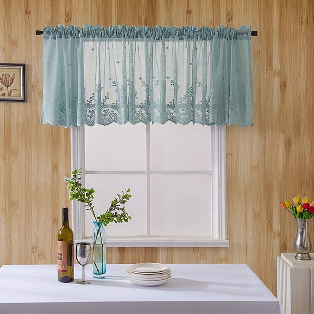 Xiao Hua Cortina de encaje con bordado floral, translúcida, ideal para decorar dormitorios y cocinas, azul, 1 pieza, 135 x 61 cm