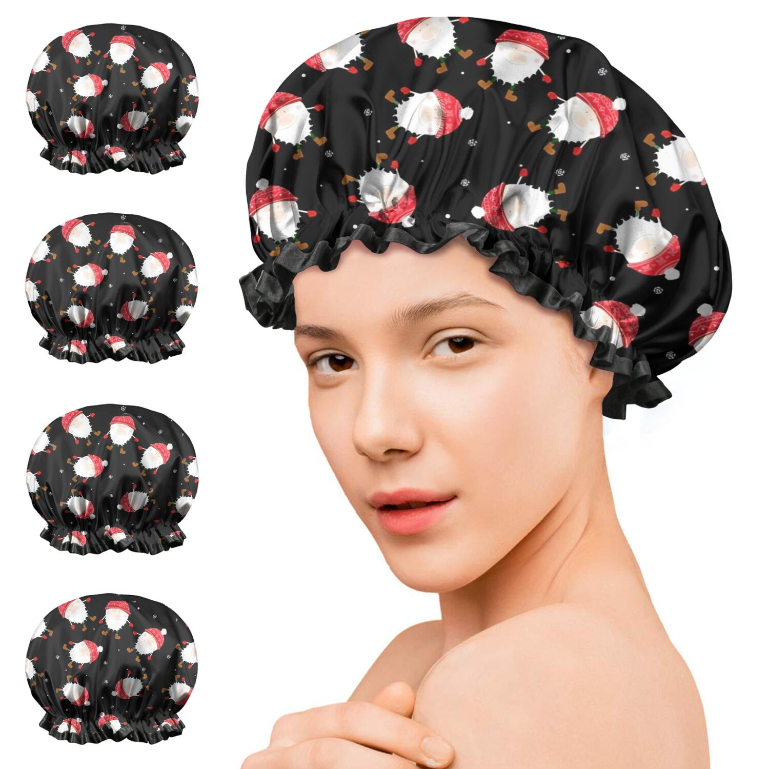 Shower Caps,Black Christmas Santa Pattern Waterproof Shower Cap for Women 4 Pieces,Double Reusable Hair Cover for Shower PEVA Elastic Stretch Hem
