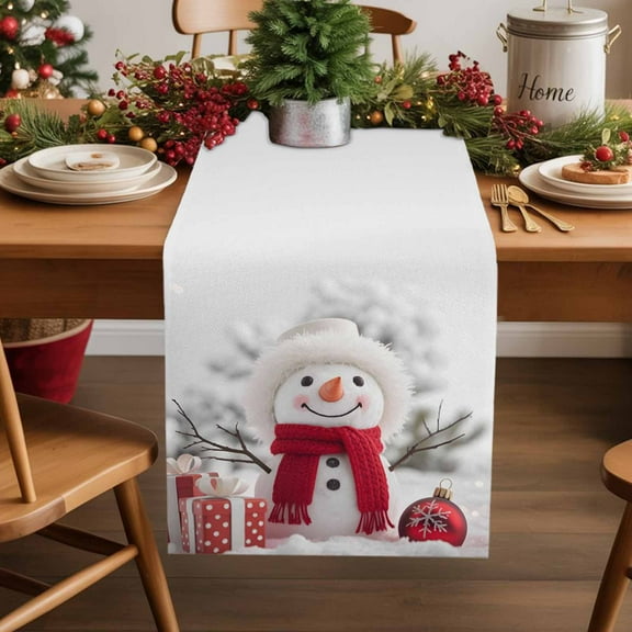 Burlap Table Runner 36 Inches Long,Winter Snowman White Christmas Non-Slip Kitchen Table Runners for Dining Room Everyday Use Party Table Decorations Snowflake Xmas Ball