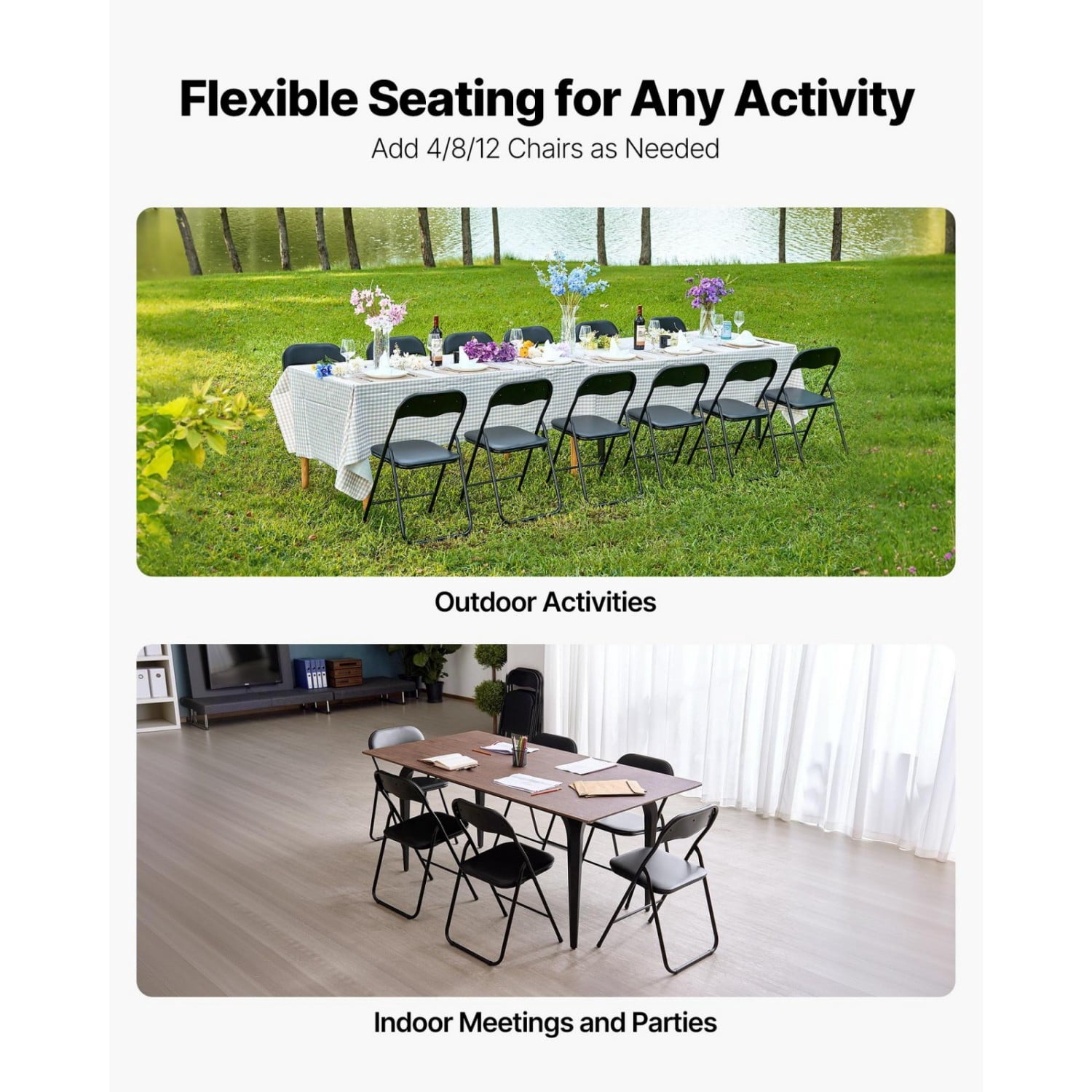 Folding Chairs Set of 4, Padded Leather Folding Chairs with Heavy-Duty Metal Frame, Portable Folding Chairs for Home, Parties, Events, Meeting Room, Black