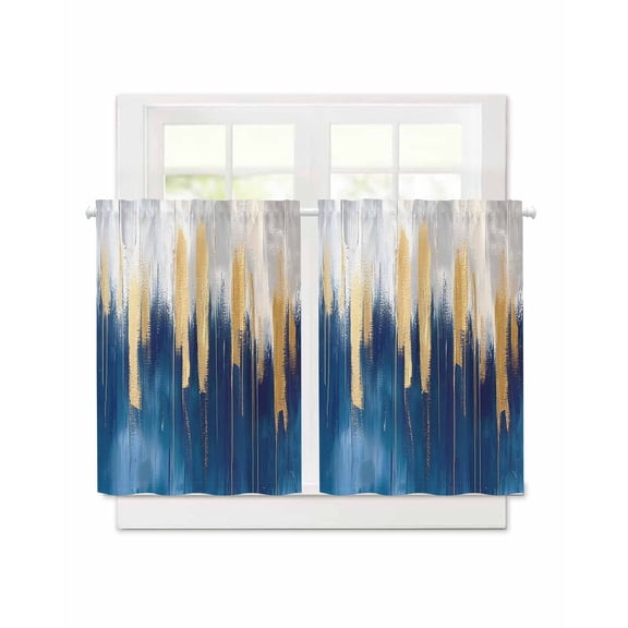 Abstract Color Block Short Blackout Curtains 36 Inch Long Navy Block Impressionist Style Rod Pocket Kitchen Curtains, 2 Panels Thermal Insulated Room Darkening Drapes for Bedroom, 30"W x 36"L