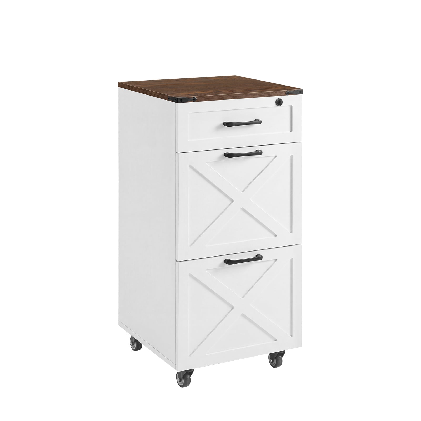 Hommoo Rustic Farmhouse 3-Drawer Rolling File Cabinet with Locking Top Drawer, Compact Mobile Printer Stand & A4/Letter File Organizer for Home Office, White