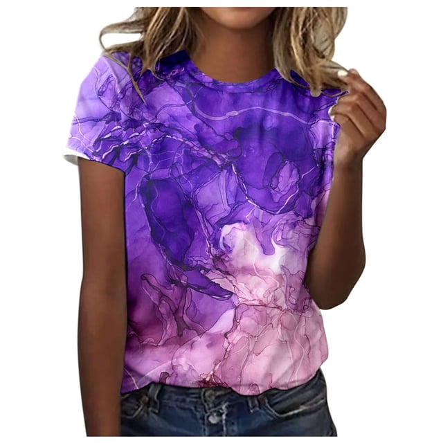 T-Shirts Grande Taille pour Femmes Printemps Été Imprimé Coloré Manches Courtes Col Rond T-Shirt Haut T-Shirts pour Femmes Rose Vif TG