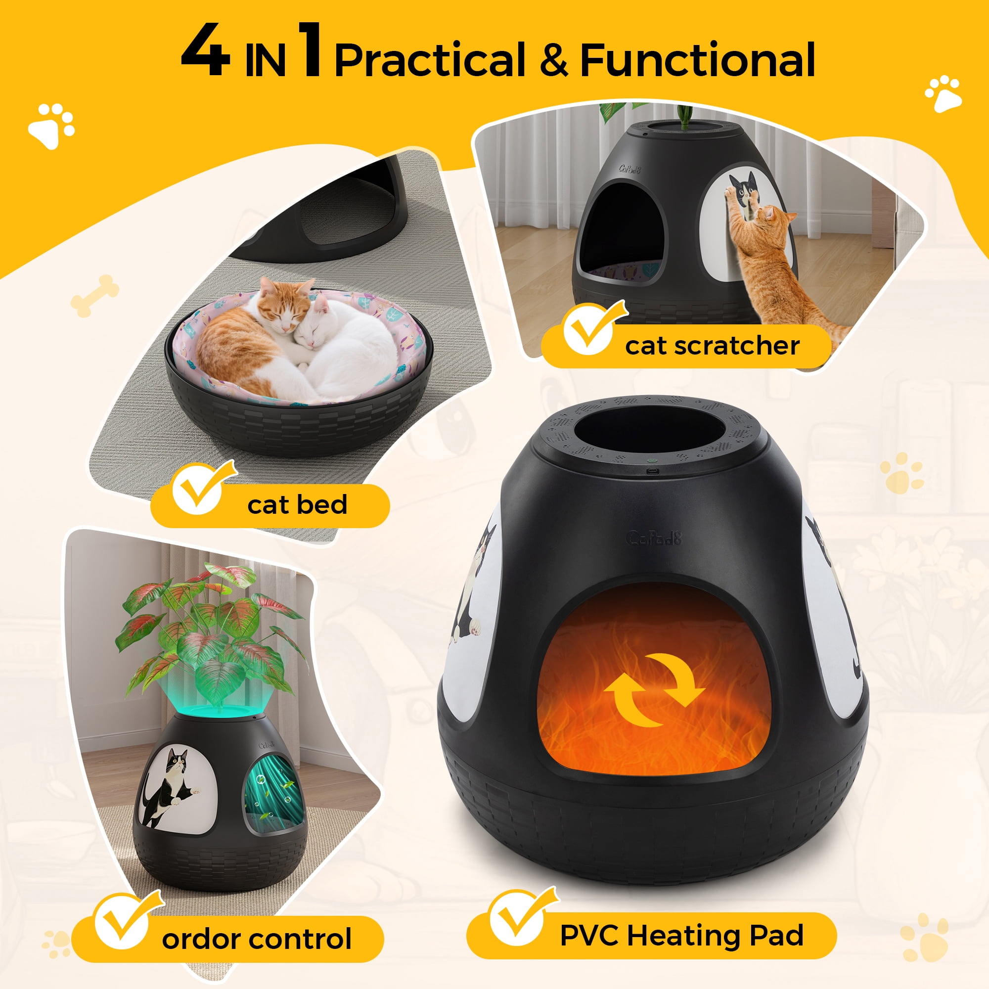 Jaxpety 4-in-1 Cat Bed for Indoor Cats, Large Cat House with Cat Scratcher, Odor Control & Plant Pot Design, Enclosed Cat Cave for Kitten & Adult Cats,Black