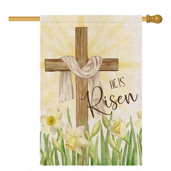 Easter Cross House Flag 28 x 40 Double Sided,Religious Cross He is Risen with Narcissus Yard Flags for Outdoor,Holiday Decorative House Flag,Seasonal Decor for Spring Farmhouse
