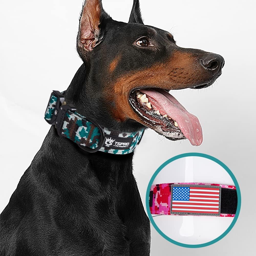 TSPRO Premium Camo Dog Collar with USA Flag Patch Thick Dog Collar Adjustable Dog Collar Heavy Duty Quick-Release Metal Buckle Dog Collar for Small or Medium to Extra Large Dogs(Camo Cyan-M)